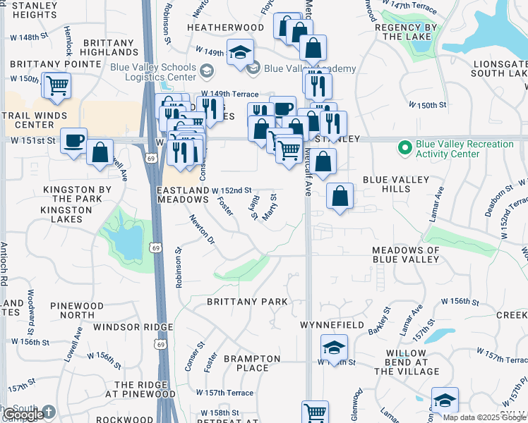 map of restaurants, bars, coffee shops, grocery stores, and more near 15207 Riley Street in Overland Park