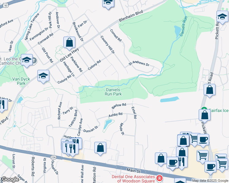 map of restaurants, bars, coffee shops, grocery stores, and more near 3632 Parklane Road in Fairfax