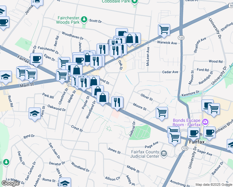 map of restaurants, bars, coffee shops, grocery stores, and more near 10735 Viognier Terrace in Fairfax