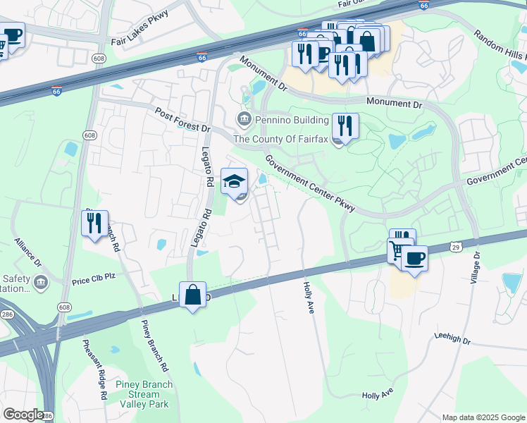 map of restaurants, bars, coffee shops, grocery stores, and more near 12017 English Maple Lane in Fairfax