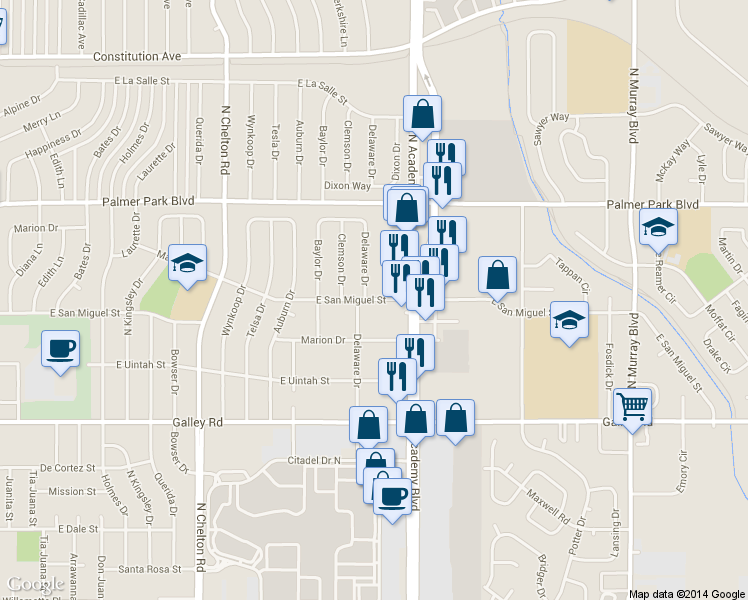 map of restaurants, bars, coffee shops, grocery stores, and more near 1304 North Academy Boulevard in Colorado Springs