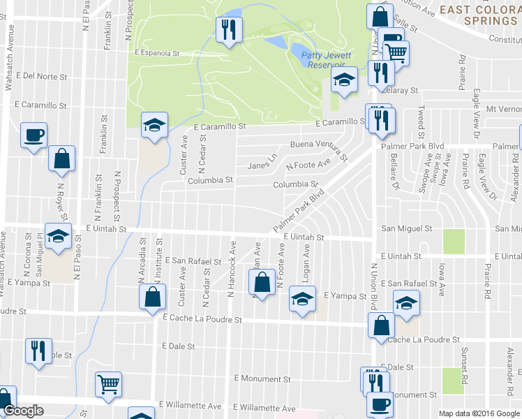 map of restaurants, bars, coffee shops, grocery stores, and more near 1316 East San Miguel Street in Colorado Springs