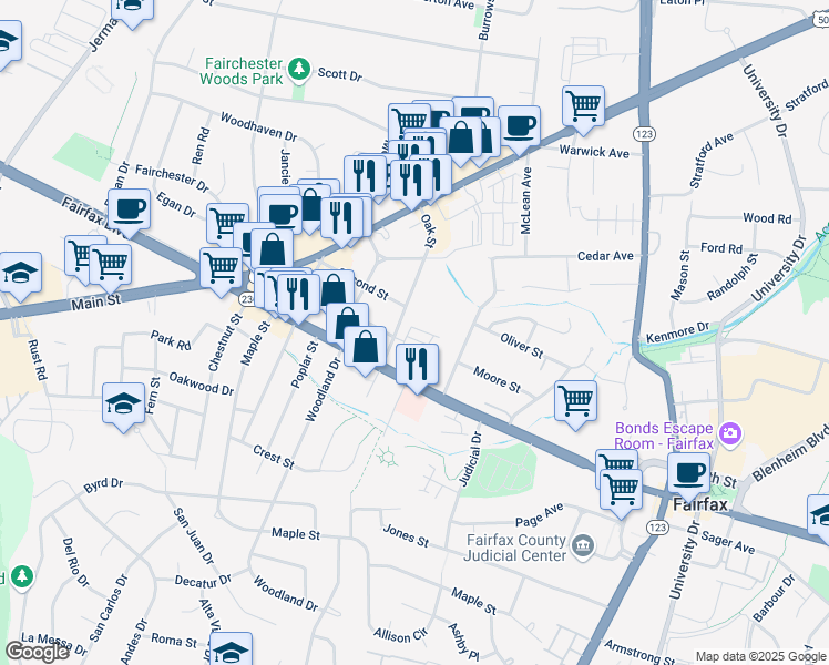 map of restaurants, bars, coffee shops, grocery stores, and more near 10735 Viognier Terrace in Fairfax