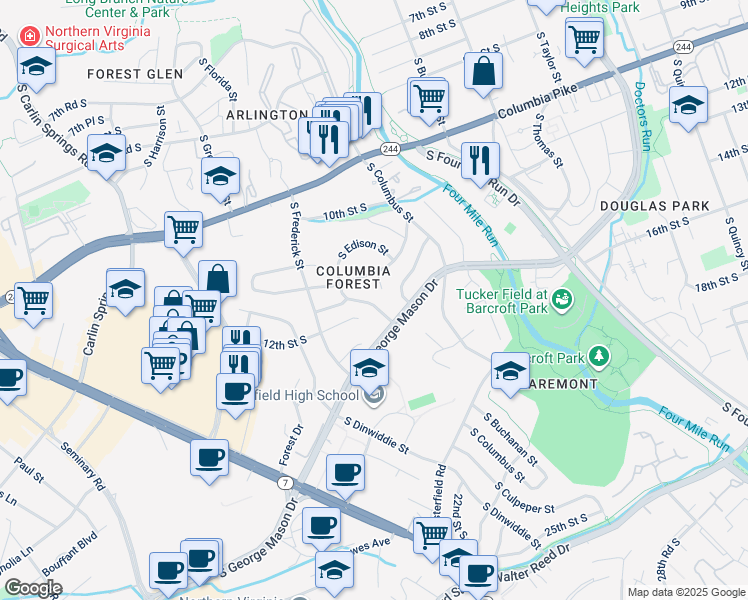 map of restaurants, bars, coffee shops, grocery stores, and more near 1135 South Edison Street in Arlington