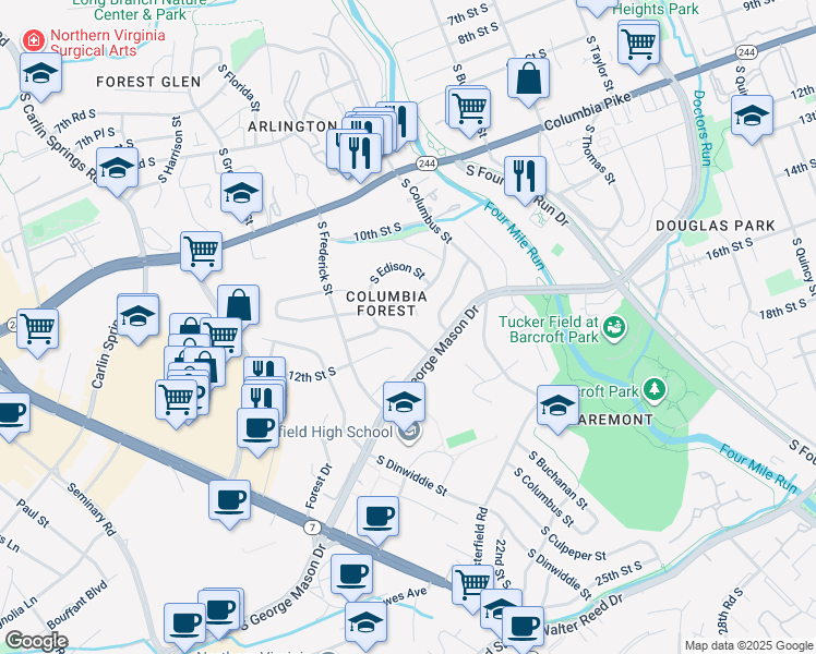 map of restaurants, bars, coffee shops, grocery stores, and more near 1135 South Edison Street in Arlington
