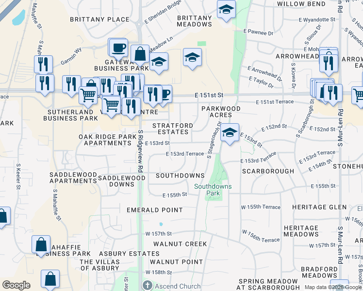 map of restaurants, bars, coffee shops, grocery stores, and more near 1501 East 153rd Street in Olathe