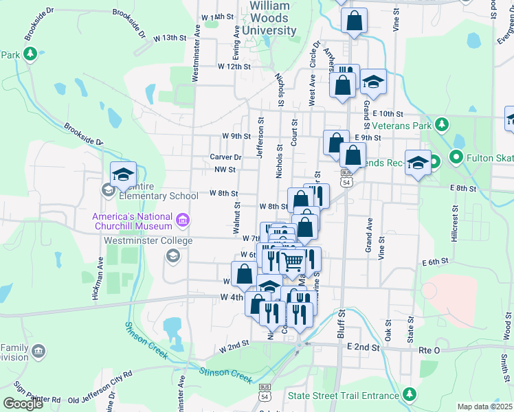 map of restaurants, bars, coffee shops, grocery stores, and more near Jefferson Street in Fulton