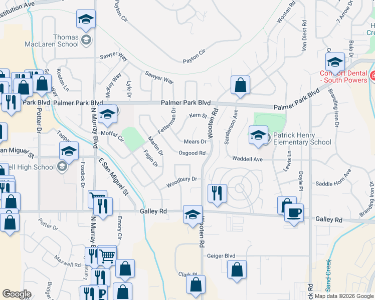 map of restaurants, bars, coffee shops, grocery stores, and more near 1334 Mears Drive in Colorado Springs