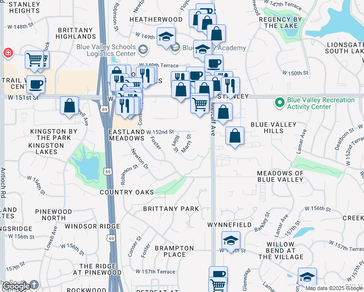 map of restaurants, bars, coffee shops, grocery stores, and more near 15207 Riley Street in Overland Park