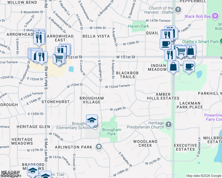 map of restaurants, bars, coffee shops, grocery stores, and more near 15228 South Arapaho Drive in Olathe