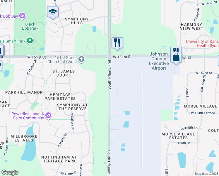 map of restaurants, bars, coffee shops, grocery stores, and more near South Pflumm Road in Lenexa