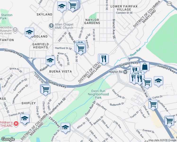 map of restaurants, bars, coffee shops, grocery stores, and more near 3070 30th Street Southeast in Washington