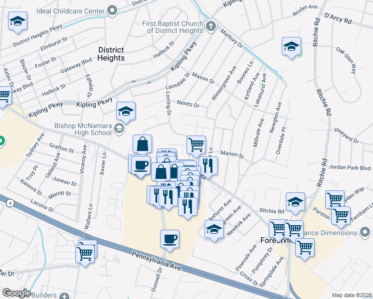 map of restaurants, bars, coffee shops, grocery stores, and more near 2723 Lorring Drive in Forestville
