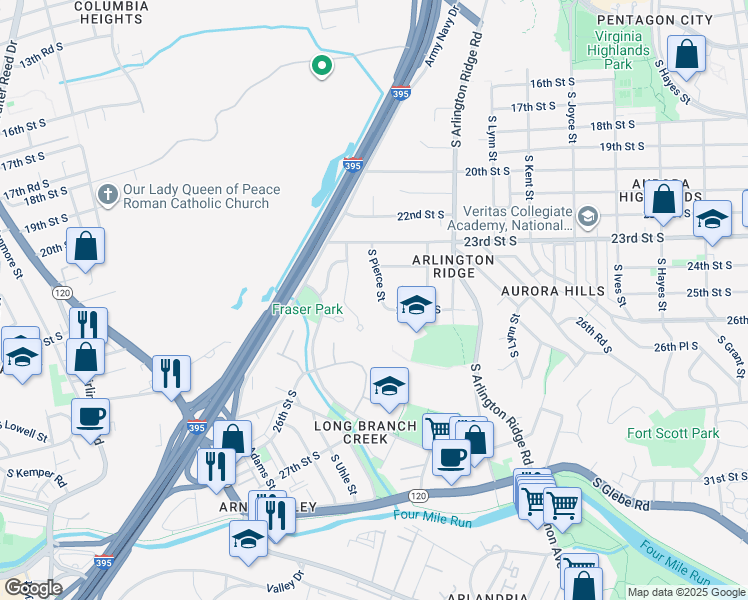 map of restaurants, bars, coffee shops, grocery stores, and more near 2344 South Pierce Street in Arlington