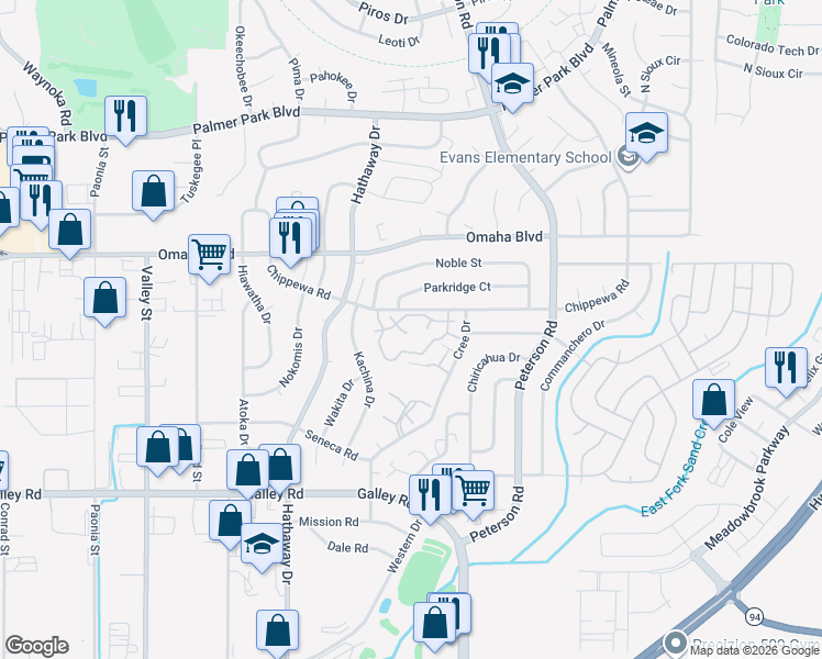 map of restaurants, bars, coffee shops, grocery stores, and more near 6657 Proud Eagle Court in Colorado Springs
