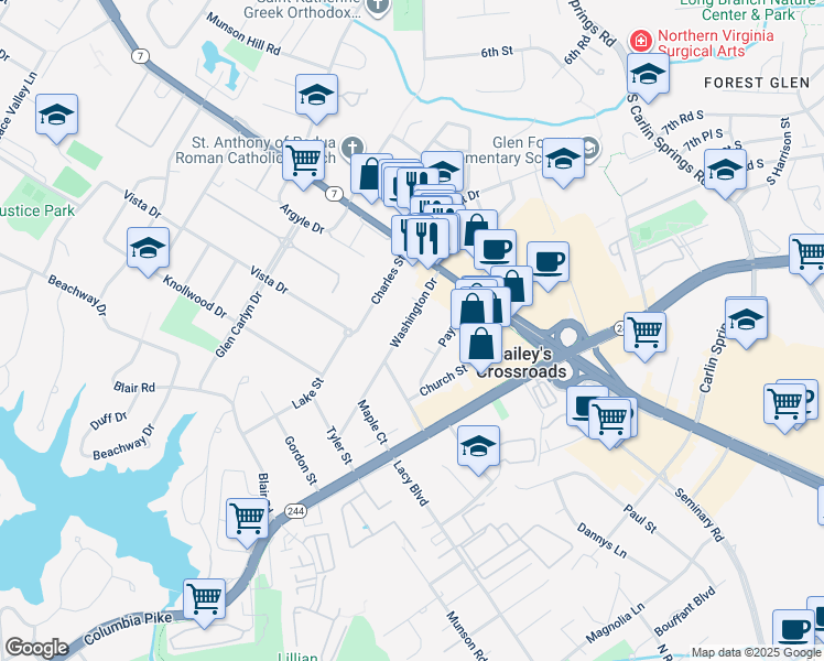 map of restaurants, bars, coffee shops, grocery stores, and more near 3425 Washington Drive in Falls Church