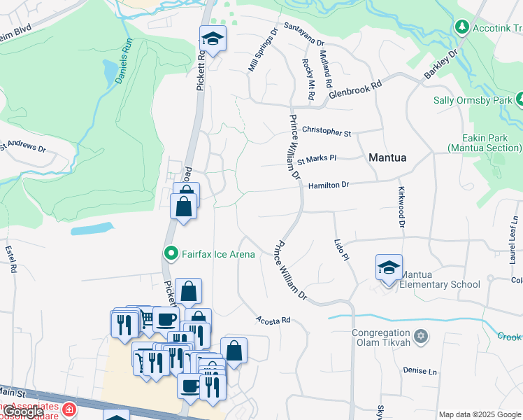 map of restaurants, bars, coffee shops, grocery stores, and more near 9312 Coronado Terrace in Fairfax