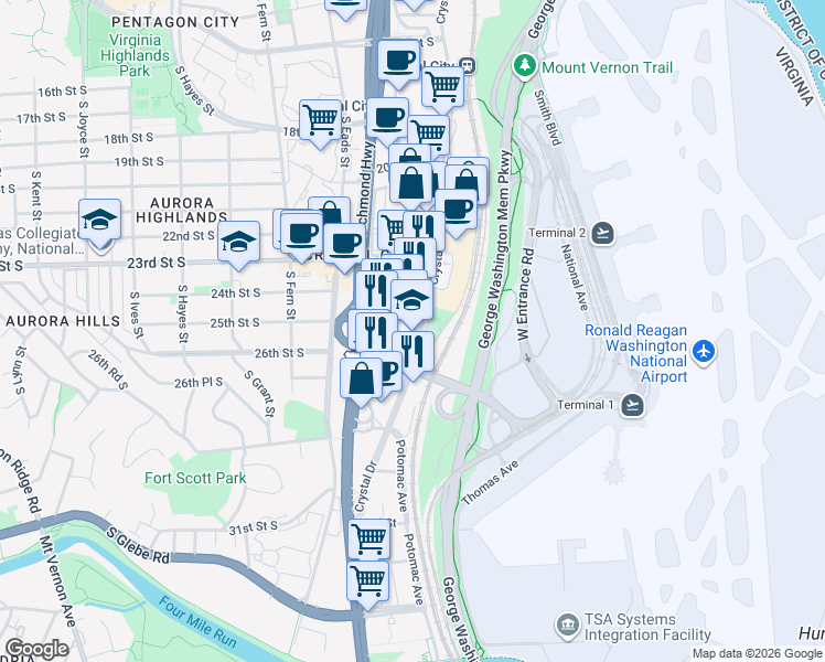 map of restaurants, bars, coffee shops, grocery stores, and more near in Arlington