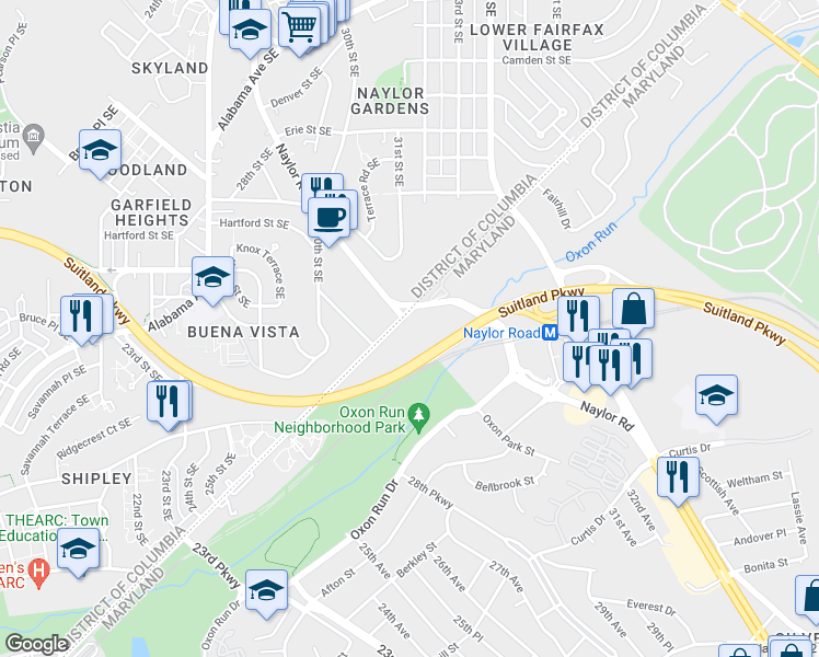 map of restaurants, bars, coffee shops, grocery stores, and more near 3101 Southern Avenue Southeast in Temple Hills