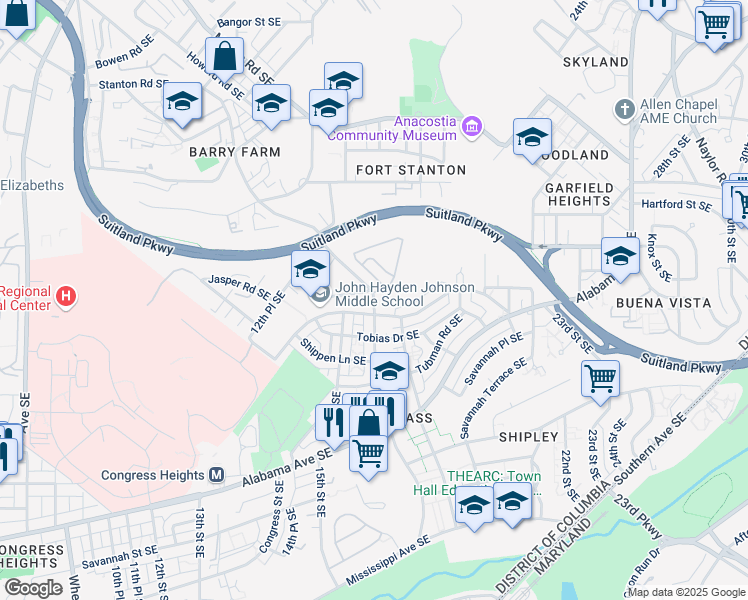 map of restaurants, bars, coffee shops, grocery stores, and more near 3066 Stanton Rd SE in Washington