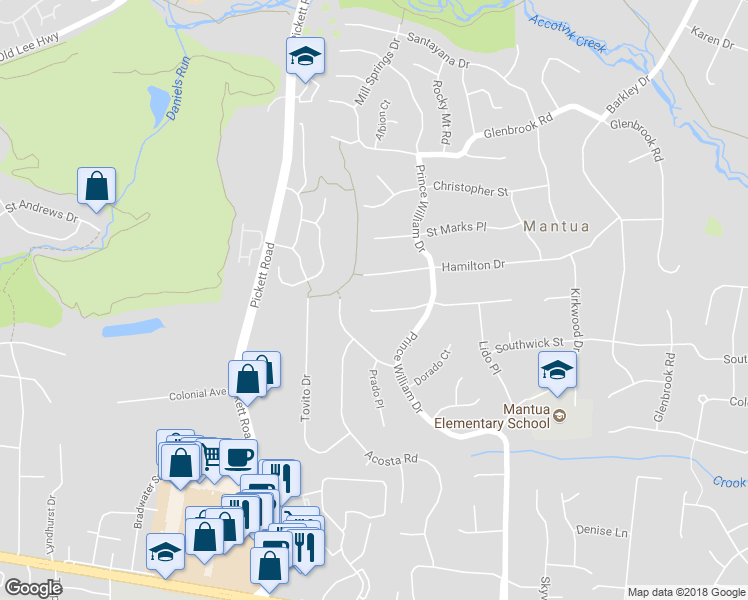 map of restaurants, bars, coffee shops, grocery stores, and more near 9312 Coronado Terrace in Fairfax