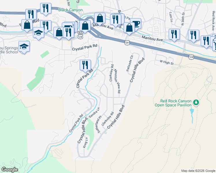 map of restaurants, bars, coffee shops, grocery stores, and more near 3 Sutherland Place in Manitou Springs