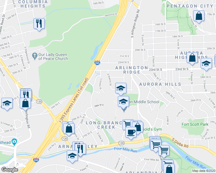 map of restaurants, bars, coffee shops, grocery stores, and more near 2344 South Pierce Street in Arlington