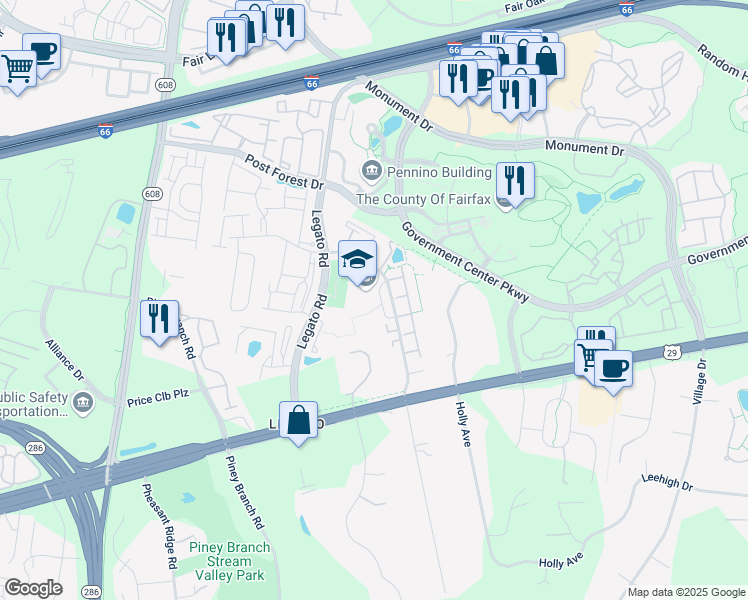 map of restaurants, bars, coffee shops, grocery stores, and more near 2 Deming Drive in Fairfax