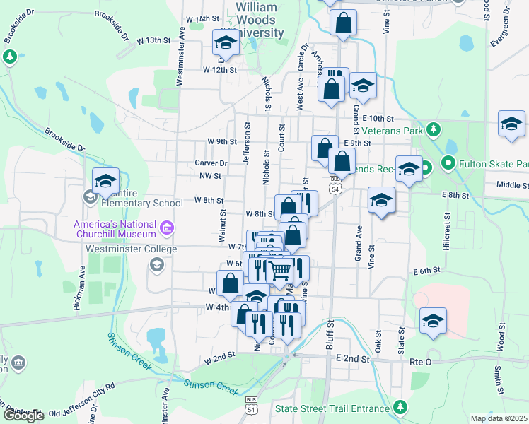 map of restaurants, bars, coffee shops, grocery stores, and more near 802 Nichols Street in Fulton