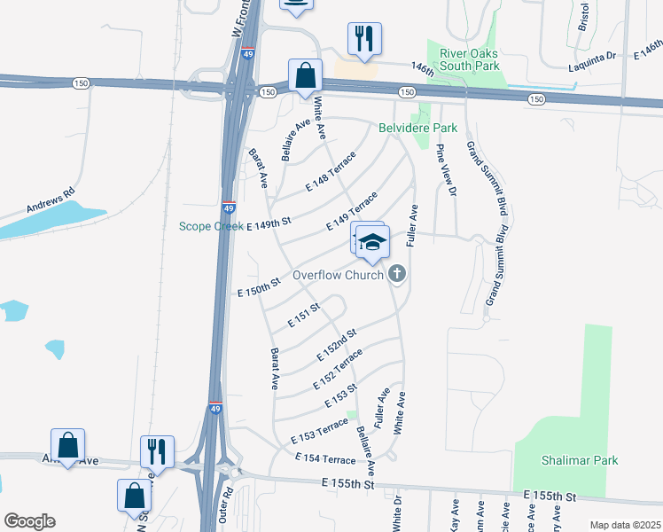 map of restaurants, bars, coffee shops, grocery stores, and more near 6111 East 150th Street in Grandview