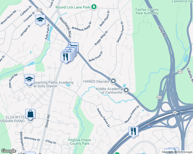 map of restaurants, bars, coffee shops, grocery stores, and more near 5605 Virginia Chase Drive in Centreville