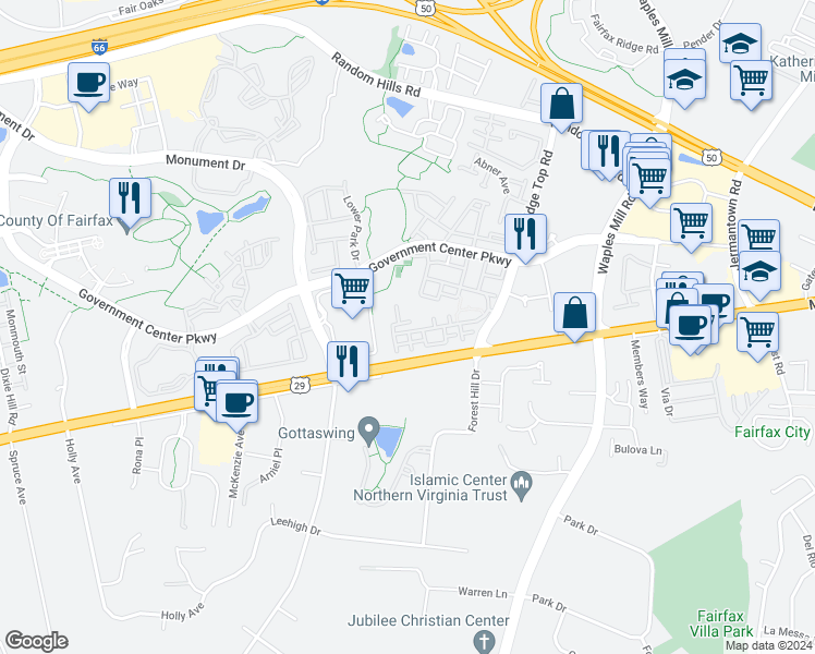 map of restaurants, bars, coffee shops, grocery stores, and more near 11624A Cavalier Landing Court in Fairfax