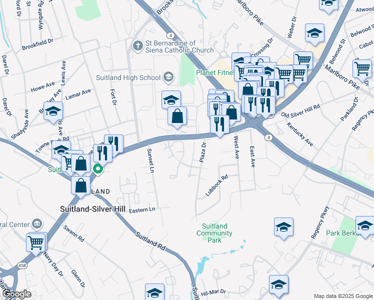 map of restaurants, bars, coffee shops, grocery stores, and more near 5242 Daventry Terrace in District Heights