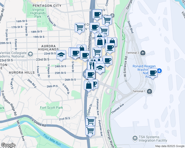map of restaurants, bars, coffee shops, grocery stores, and more near 2511 Jefferson Davis Highway in Arlington