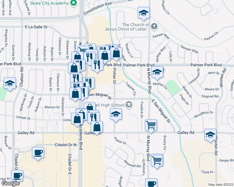 map of restaurants, bars, coffee shops, grocery stores, and more near 1315 Potter Dr in Colorado Springs