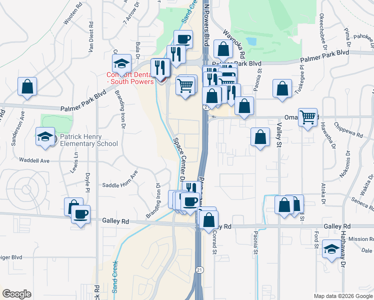 map of restaurants, bars, coffee shops, grocery stores, and more near 1324 Cascade Creek View in Colorado Springs
