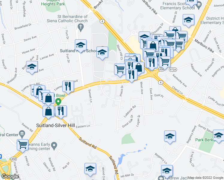 map of restaurants, bars, coffee shops, grocery stores, and more near 5242 Daventry Terrace in District Heights