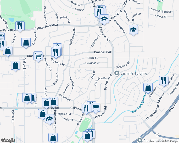 map of restaurants, bars, coffee shops, grocery stores, and more near 1363 Soaring Eagle Drive in Colorado Springs