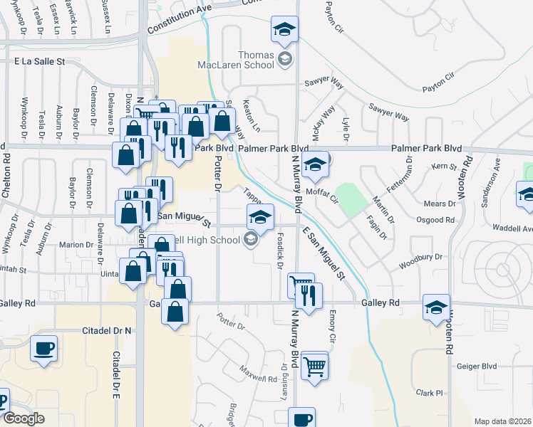 map of restaurants, bars, coffee shops, grocery stores, and more near 1311 Tappan Circle in Colorado Springs