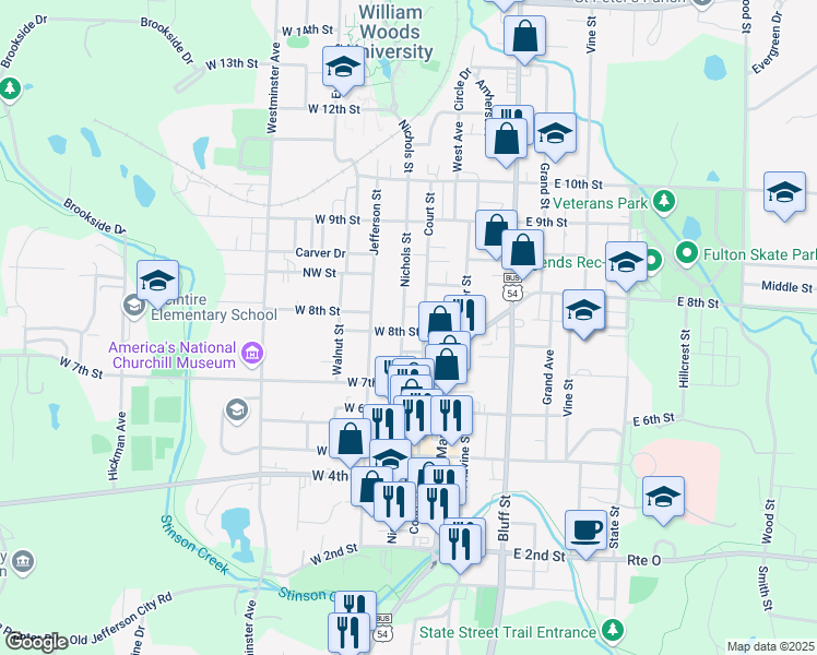 map of restaurants, bars, coffee shops, grocery stores, and more near 802 Nichols Street in Fulton