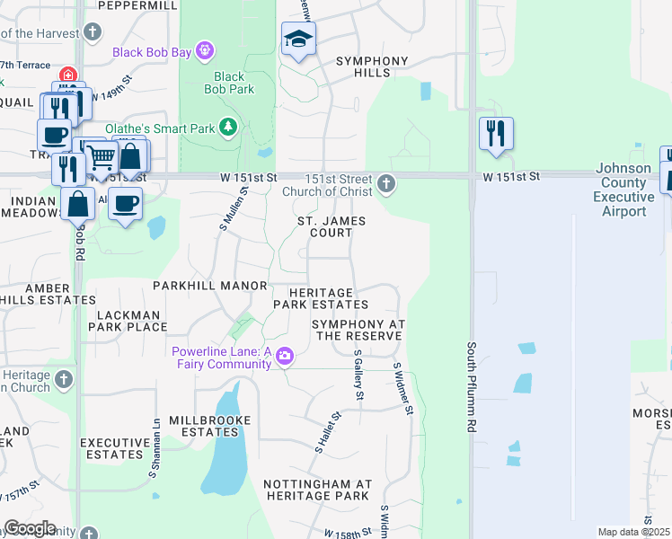 map of restaurants, bars, coffee shops, grocery stores, and more near 14051 West 152nd Terrace in Olathe