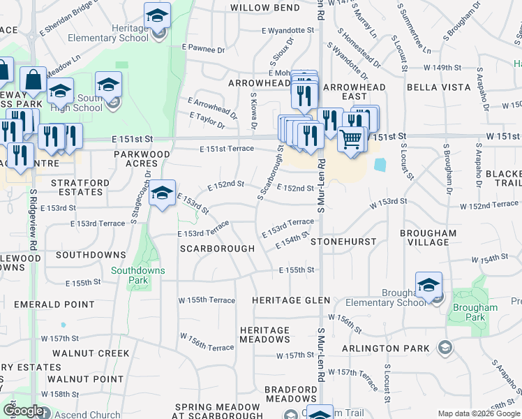 map of restaurants, bars, coffee shops, grocery stores, and more near 2101 East 152nd Terrace in Olathe
