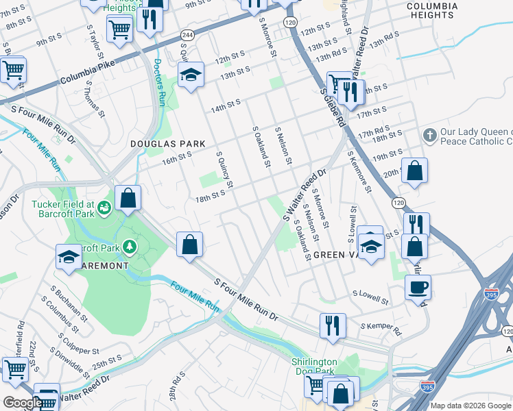 map of restaurants, bars, coffee shops, grocery stores, and more near 3900 19th Street South in Arlington