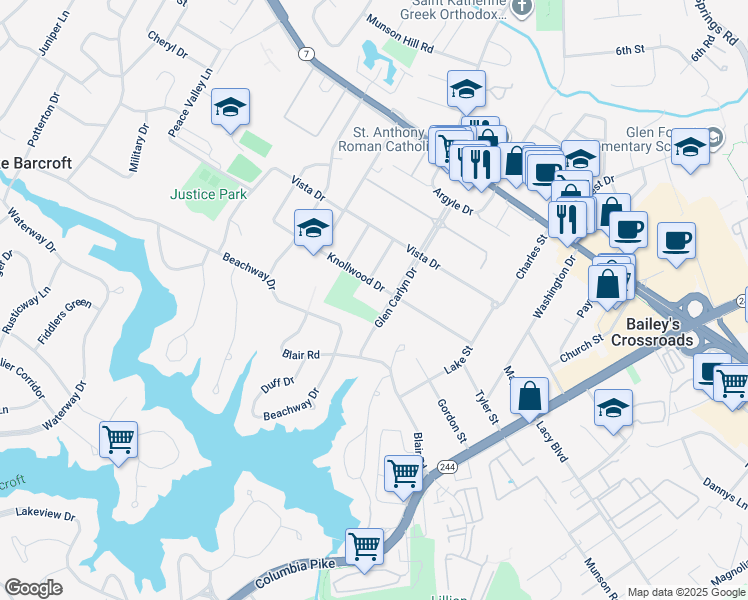 map of restaurants, bars, coffee shops, grocery stores, and more near 6101 Knollwood Drive in Falls Church