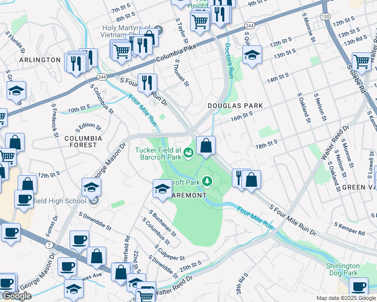 map of restaurants, bars, coffee shops, grocery stores, and more near 4210 South Four Mile Run Drive in Arlington