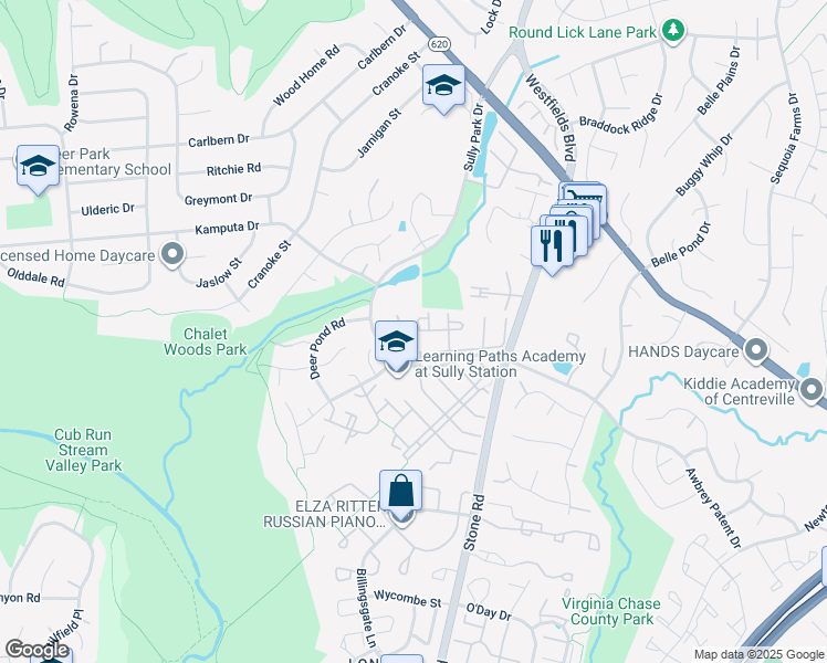 map of restaurants, bars, coffee shops, grocery stores, and more near 14735 Winterfield Court in Centreville