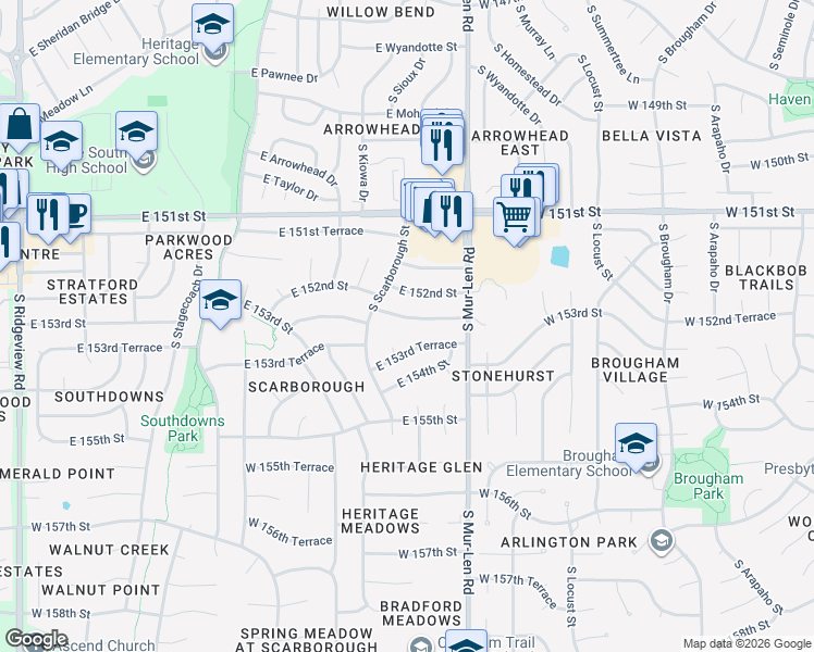 map of restaurants, bars, coffee shops, grocery stores, and more near 2121 East 152nd Terrace in Olathe