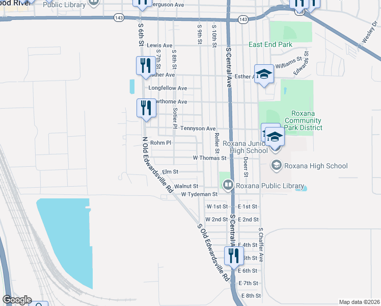 map of restaurants, bars, coffee shops, grocery stores, and more near 212 West Thomas Street in Roxana