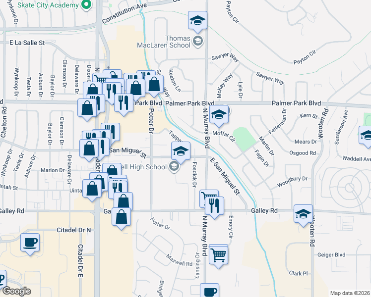 map of restaurants, bars, coffee shops, grocery stores, and more near 1311 Tappan Circle in Colorado Springs