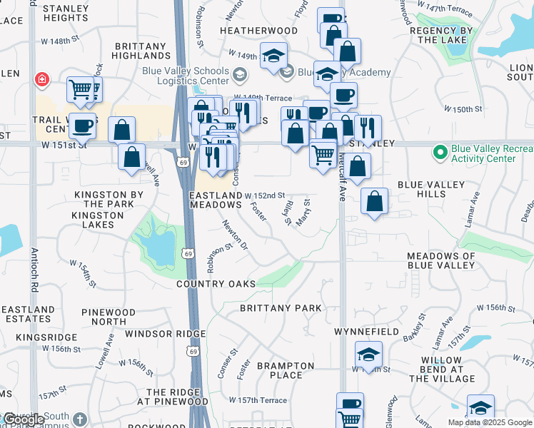 map of restaurants, bars, coffee shops, grocery stores, and more near 15213 Foster in Overland Park